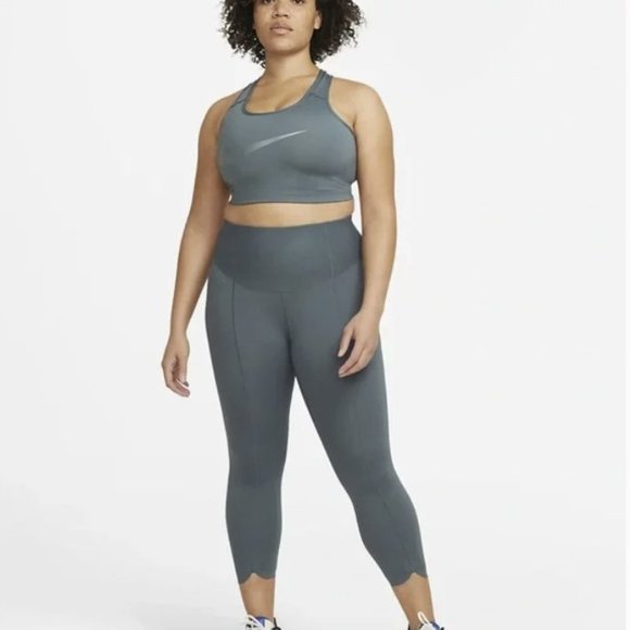 Nike DH4430 One Luxe Icon Clash  Mid-Rise Crop Leggings Green - Picture 2 of 7